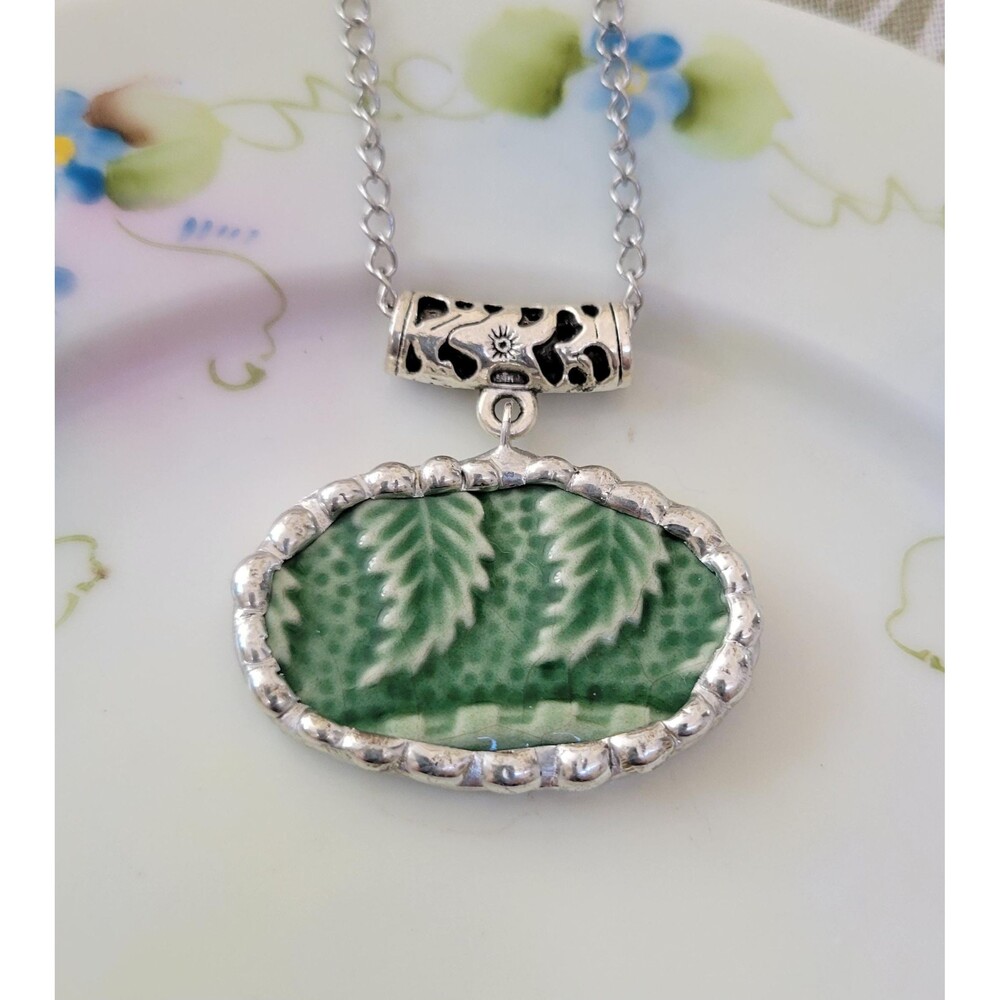 Bordallo Pinheiro Necklace, Broken China Jewelry, Green Leaf Pendant